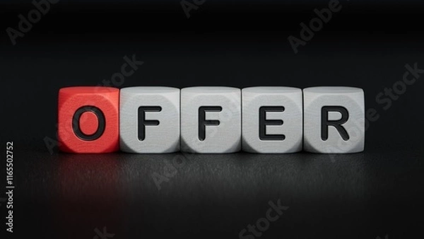 Fototapeta Offer symbol. Wooden cubes with word Offer.close up of wooden elements,Business Concept.3D rendering on black background.