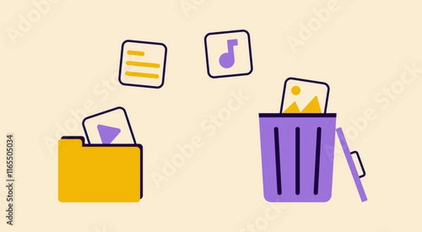 Fototapeta A creative visual of files being moved to a trash bin and a folder, illustrating file management and deletion. Suitable for productivity and tech themes.
