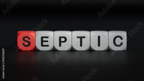 Fototapeta Text septic on wooden cubes. Square wood blocks. Top view, flat lay.close up of wooden elements,Business Concept.3D rendering on black background.