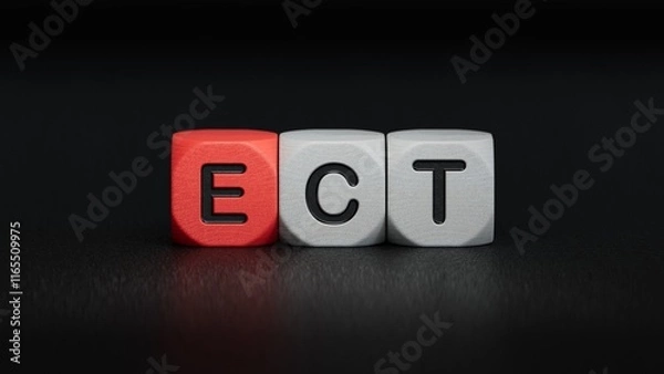 Fototapeta The word ECT is written on wooden cubes. Medical concept.close up of wooden elements,Business Concept.3D rendering on black background.