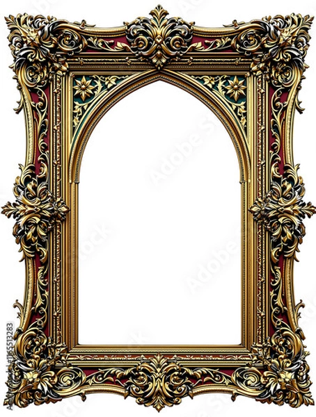 Fototapeta antique gold gothic arch picture frame with ornate baroque design and red accents for medieval decor, PNG, generative ai