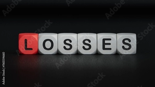 Fototapeta Wooden cubes with LOSS word on wooden table. Financial loss busines concept. Memory loss demetia mental health concept.Business Concept.3D rendering on black background.