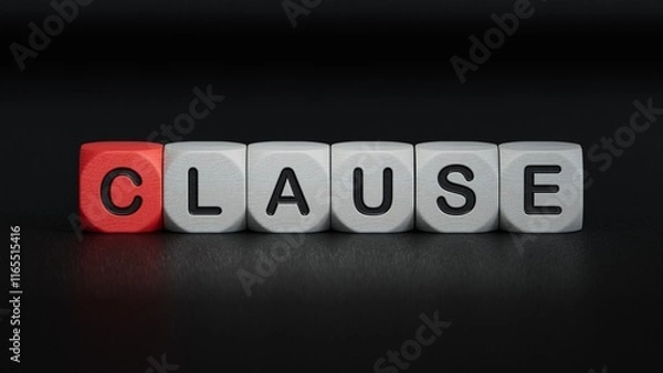 Fototapeta Wooden mannequin near tower of cubes with word clause.close up of wooden elements,Business Concept.3D rendering on black background.