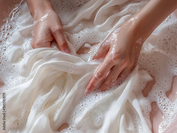 Fototapeta Hands Gently Washing White Fabric with Soap in Foamy Water Close-Up