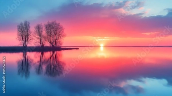 Fototapeta A beautiful sunset over a lake with a reflection of the trees in the water