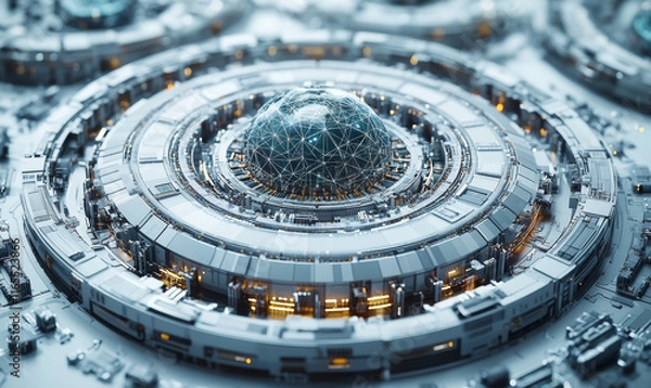 Fototapeta A massive quantum computing array with complex geometric quantum circuits, resembling a futuristic digital mandala