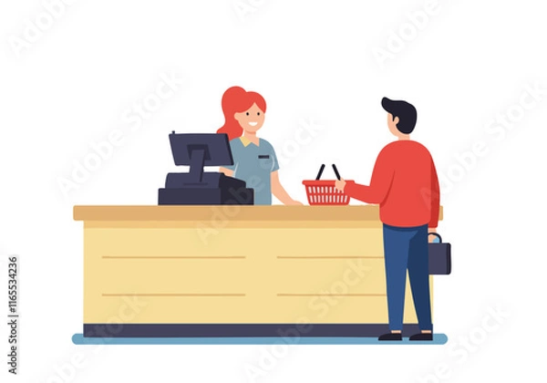 Obraz Cashier at a retail counter assisting a customer with a shopping basket in a friendly store environment.