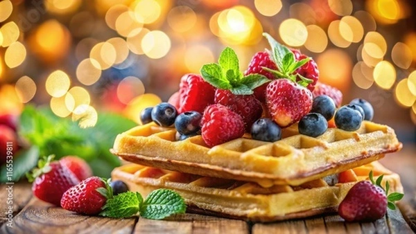 Fototapeta Deliciously Decorated Waffles with Fruit - Bokeh Background