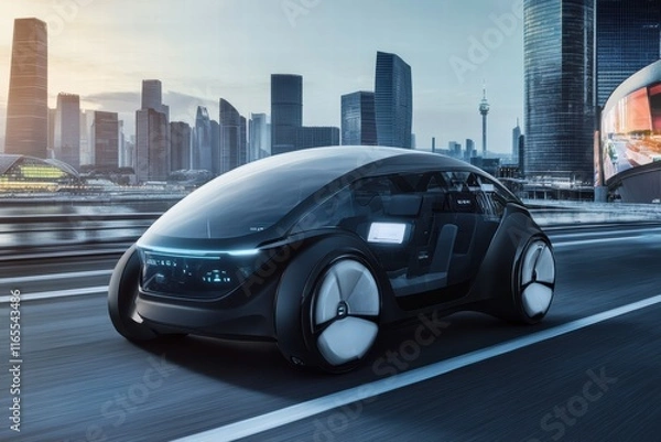 Fototapeta Autonomous car navigating modern city roads at dusk in a vibrant urban environment