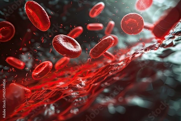 Fototapeta 3D rendering of blood cells in a bloodstream, showing erythrocytes and leukocytes in motion