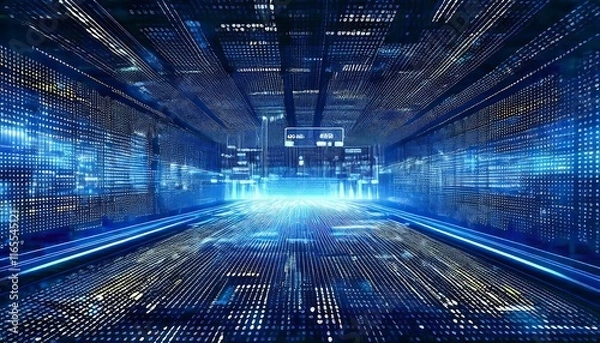 Fototapeta High-tech background in shades of blue, fast computer communication