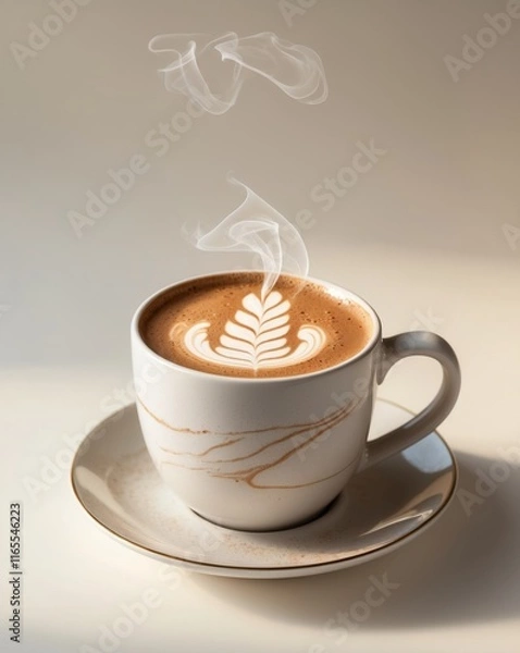 Fototapeta Steaming Mug with Intricate Latte Art on Saucer