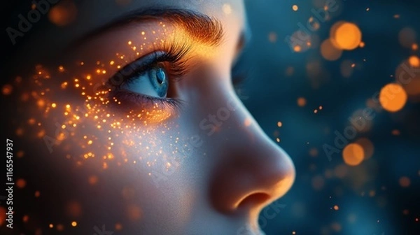 Obraz Side profile of a woman with glowing freckles in dreamy light