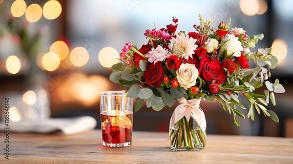 Fototapeta Romantic bouquet of red, pink, and white flowers in a glass vase with a glass of iced tea on a wooden table against a blurred background.
