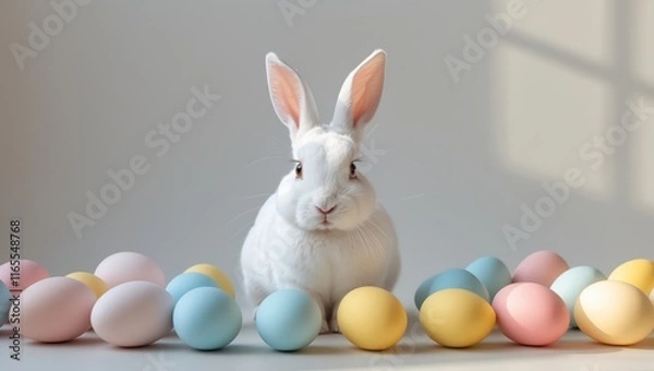 Fototapeta there is a white rabbit sitting among a group of colored eggs