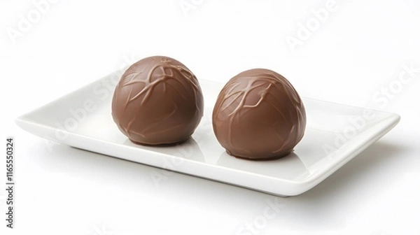 Fototapeta Two Chocolate Eggs Resting on a White Dish