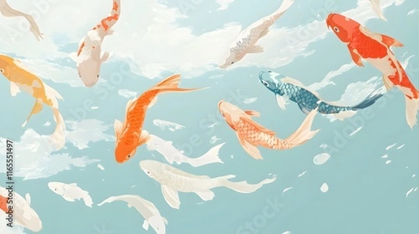 Fototapeta Colorful Koi Fish Swimming in Surreal Sky-Like Waters with Cloud Patterns