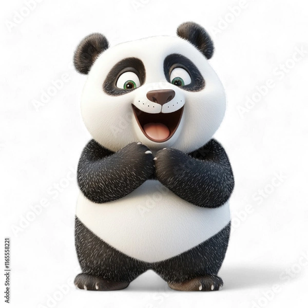 Fototapeta 3D Cartoon happy panda character smiling and excited while standing with paws together isolated on transparent background PNG