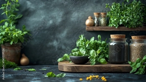 Fototapeta Herbs and spices arranged on a rustic wooden shelf