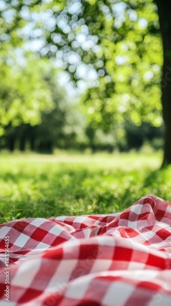 Obraz A vibrant checkered picnic blanket spread on a lush green lawn under a canopy of trees, a perfect summer day.  A scenic view of nature, ideal for a fun-filled outdoor celebration.