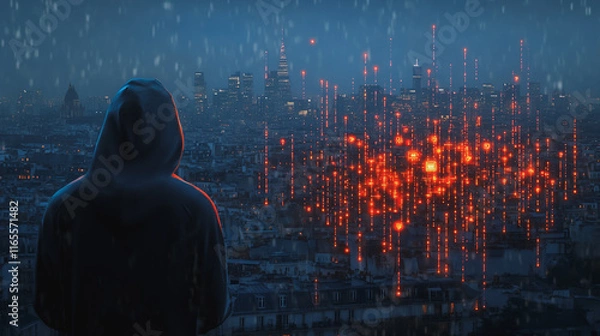 Fototapeta Hacker are planning to hack and attack networks and cyber security systems. Smart Innovation city with connection future wireless digital city and social media networking over the cityscape.