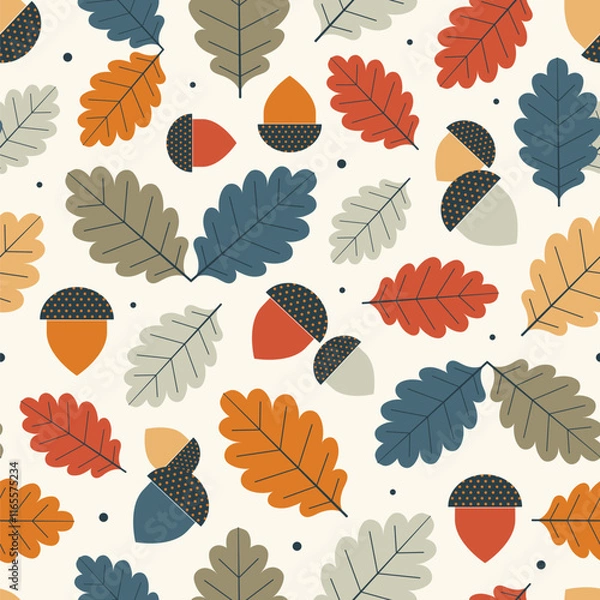 Obraz Autumn Oak Leaves and Acorns Modern Geometric Pattern