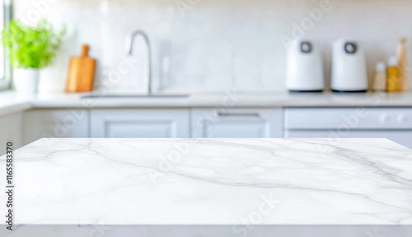 Obraz Empty marble tabletop in a blurred modern kitchen setting for product placement