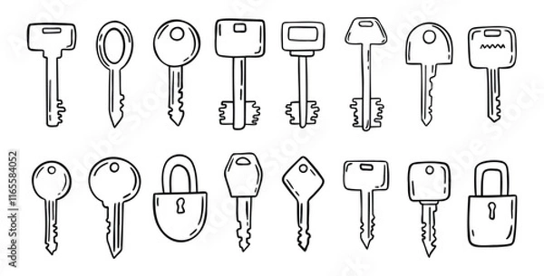 Fototapeta Sketch hand drawn doodle key icon set. Vintage locks and keys. Outline decor security elements collection.