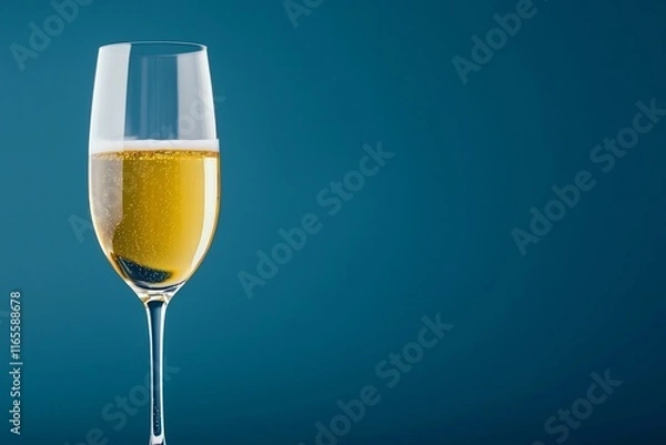 Fototapeta Close up of a Sparkling Golden Drink in a Tall Stemmed Glass Against a Vibrant Blue Background