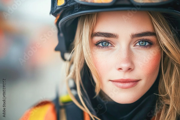 Fototapeta Close-up portrait of a confident female firefighter in uniform, symbolizing bravery, dedication, and resilience in action. 