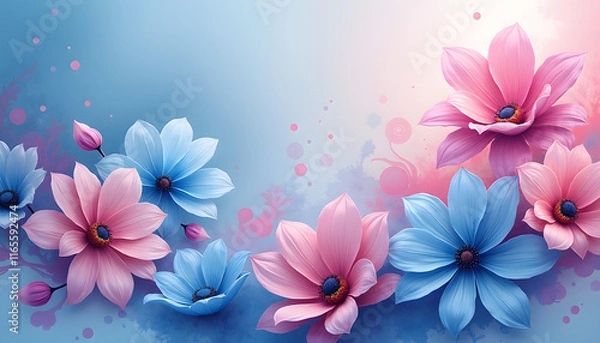 Obraz Artistic floral composition with vibrant pink and blue flowers on soft gradient background