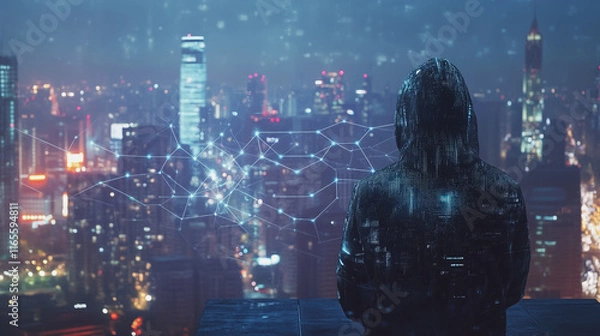 Obraz Hacker are planning to hack and attack networks and cyber security systems. Smart Innovation city with connection future wireless digital city and social media networking over the cityscape.