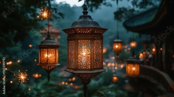 Obraz Illuminated Ornate Lanterns Hanging Outdoors At Night