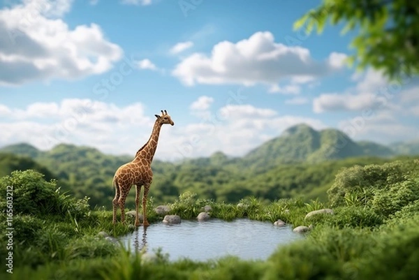 Obraz Majestic Giraffe in Lush Savanna Habitat   Stunning Wildlife Photography for Commercial Use