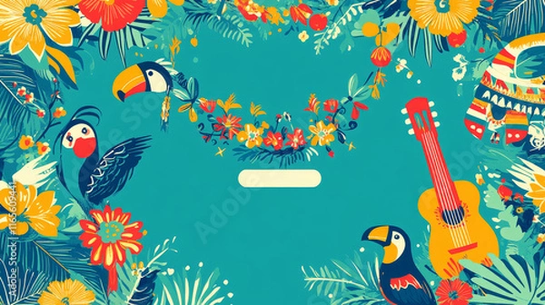 Obraz Mexican sombrero, guitar and fieta party diploma. Education achievement vector certificate, kids diploma with toucans and maracas, flowers, Day of Dead picado paper cut garland and guitar