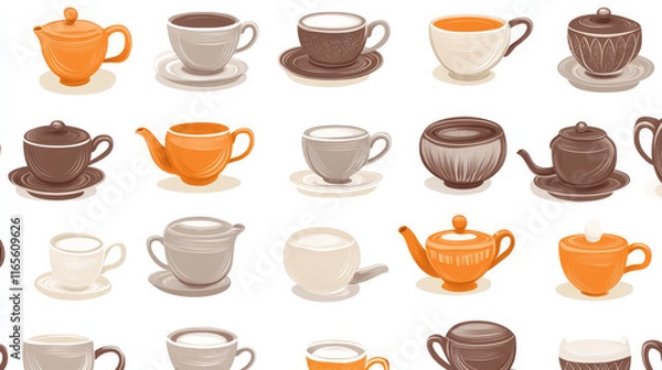 Obraz Coffee and tea cups seamless pattern with brown, gray and orange ceramic pots, sugar bowls and cups of hot beverages on white background. For cafe, coffee shop interior and menu page design 