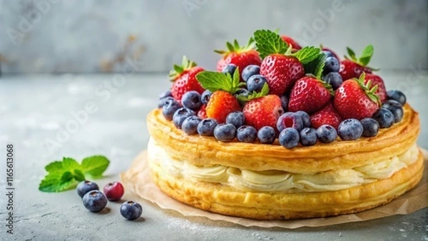 Fototapeta Delicious Creamy Cake Topped with Fresh Strawberries and Blueberries