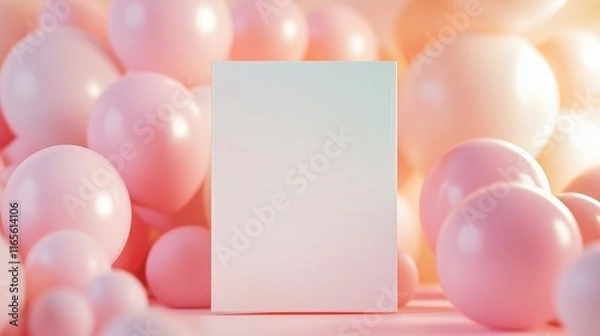 Fototapeta  Front view of a blank white invitation card with copy space. Pink balloons decorations. Festive concept. Generative AI 