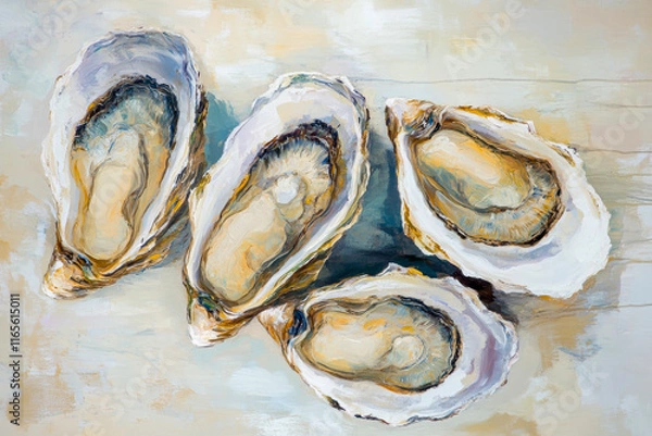 Obraz A detailed artistic painting of four oyster shells on a textured background, showcasing soft, earthy tones and intricate details