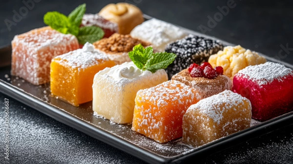 Fototapeta A tray of colorful Turkish delights in various flavors, dusted with powdered sugar and garnished with mint leaves and toppings