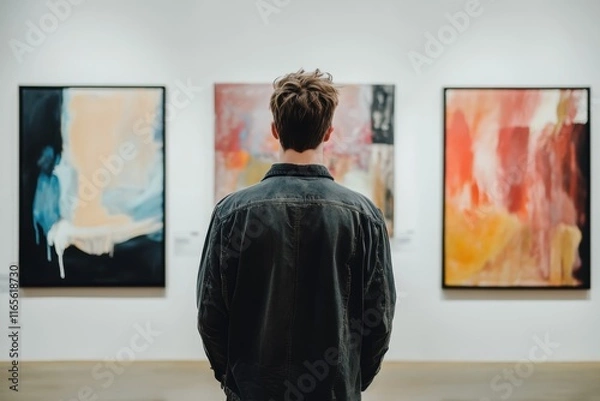 Fototapeta Man Observing Abstract Art in Contemporary Art Gallery