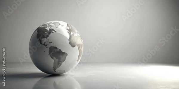 Fototapeta A grayscale globe rests on a reflective surface against a minimalist backdrop