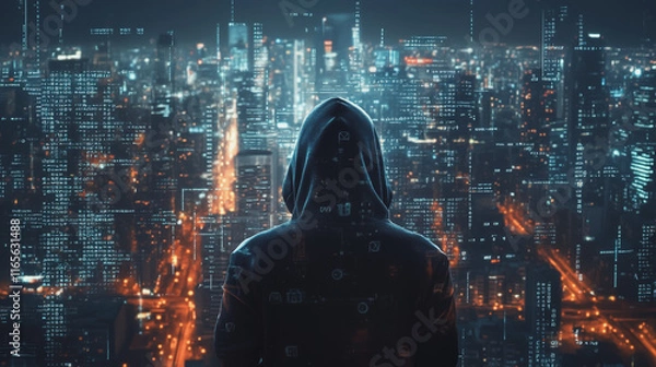 Fototapeta Hacker are planning to hack and attack networks and cyber security systems. Smart Innovation city with connection future wireless digital city and social media networking over the  cityscape.	