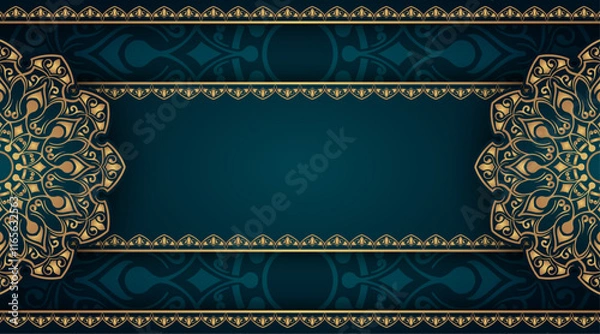 Fototapeta Green background with lines of ornaments and gold mandalas