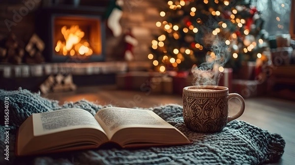Fototapeta Warm winter reading beside a cozy fireplace with a steaming mug. Generative AI.