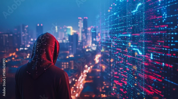 Fototapeta Hacker are planning to hack and attack networks and cyber security systems. Smart Innovation city with connection future wireless digital city and social media networking over the  cityscape.	