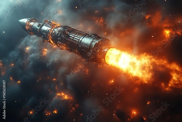 Fototapeta Missile launch through fiery clouds.