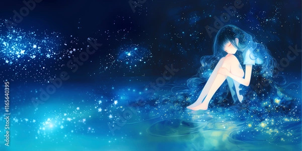 Obraz 夜空を見上げて物思いにふける女性。少女。水彩画。イラスト。挿絵。バナー背景素材。