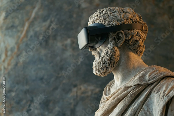 Fototapeta A classical statue wearing a virtual reality headset, merging ancient and modern technology.
