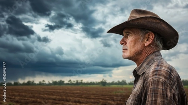 Fototapeta A contemplative farmer gazes at an approaching storm over his field.